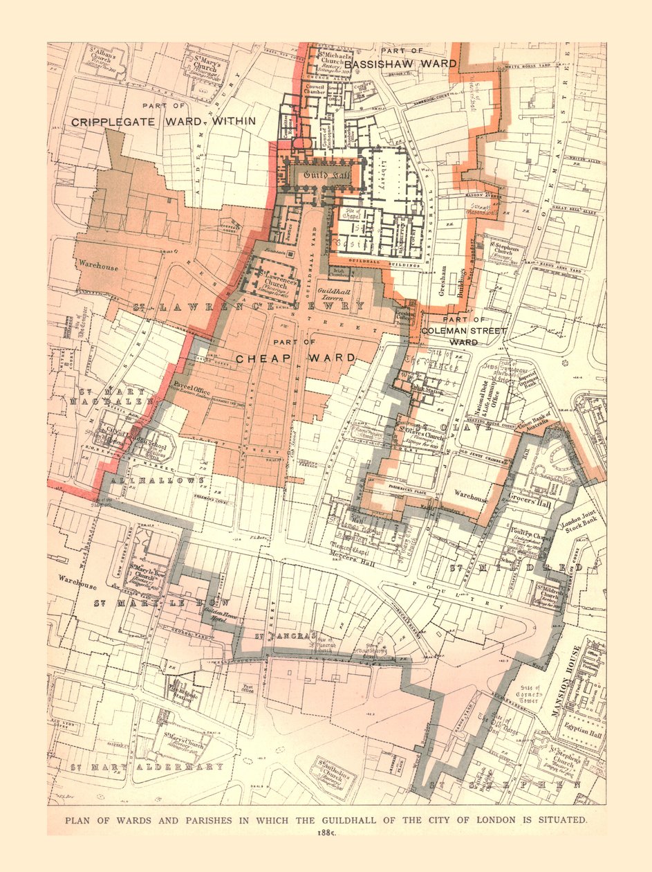 Guildhall, cidade de Londres. Plano de Alas e Paróquias, 1885, 1886 de Unbekannt