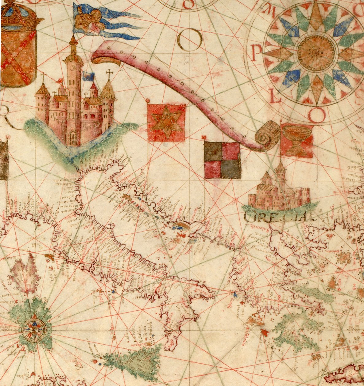 HM 1549   LUÍS TEIXEIRA, PORTOLAN CHART. Lisboa, c. 1600 Inscrito em pergaminho “Por Luis Te[ixe]ira em Lix[bo]a.” Vendido em 1867 por Henry Stevens (1791-1867) para Henry Huth (1815-78), The Huth Library (1880), pt. 4, 1171. Venda de Alfred Henry Huth (18 de Unbekannt
