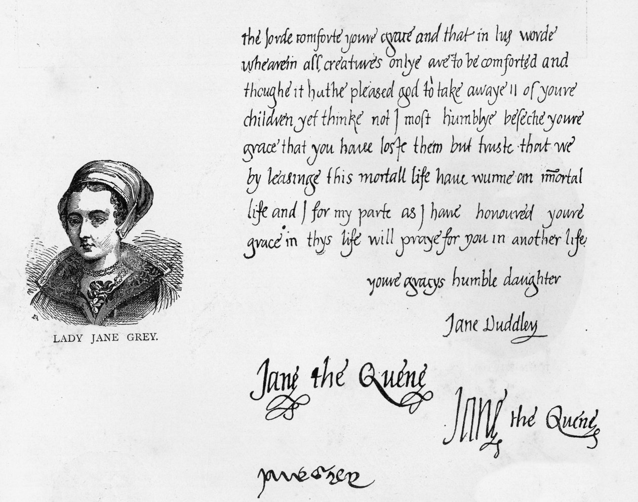 Caligrafia e assinaturas de Lady Jane Grey como Rainha com uma carta assinada por Jane Dudley e escrita ao seu pai, o Duque de Suffolk, pouco antes da sua execução de Unbekannt