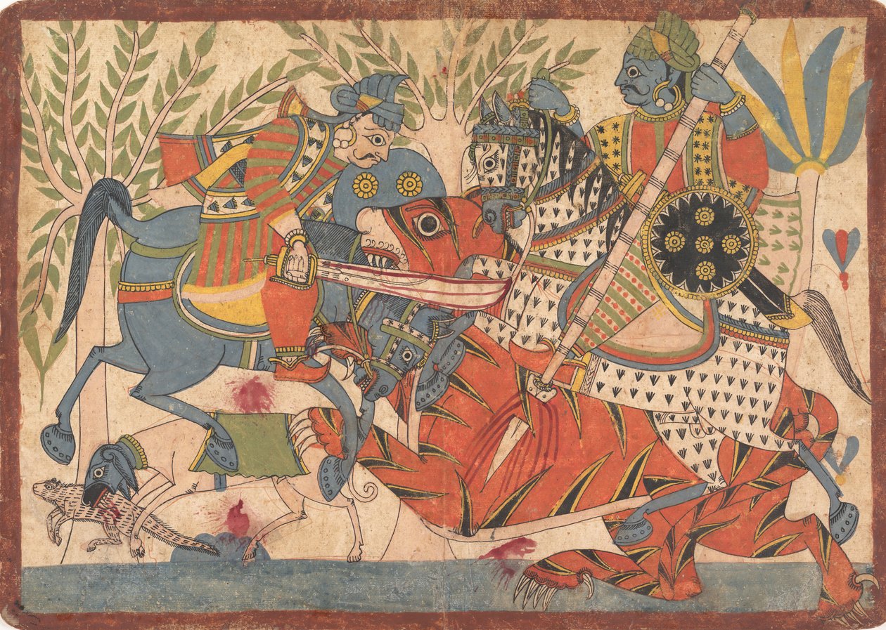Harishchandra e seu ministro Killing a Tiger folio de uma série Harishchandra, 1800-1850. de Unbekannt