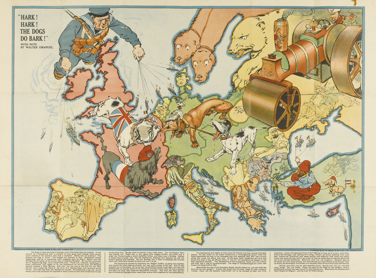 Hark! Hark! Os cães latem! Mapa satírico europeu, 1914 de Unbekannt