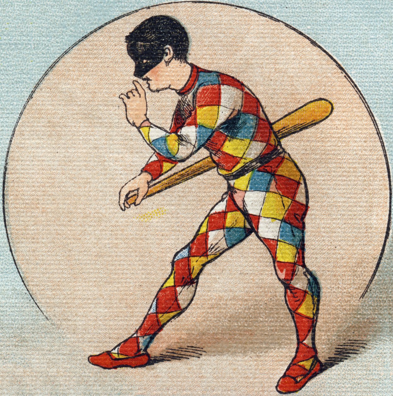 Arlequim. Gravura em "Alfabeto de ma petite fille". Bernardin-Bechet e Fils, livreiros-editores, Paris, por volta de 1895. Álbum inquebrável em lona. Bibliotheque des Bebes. 12 páginas. Álbum contendo um método de leitura e um abecedário ilustrativo. Dim de Unbekannt