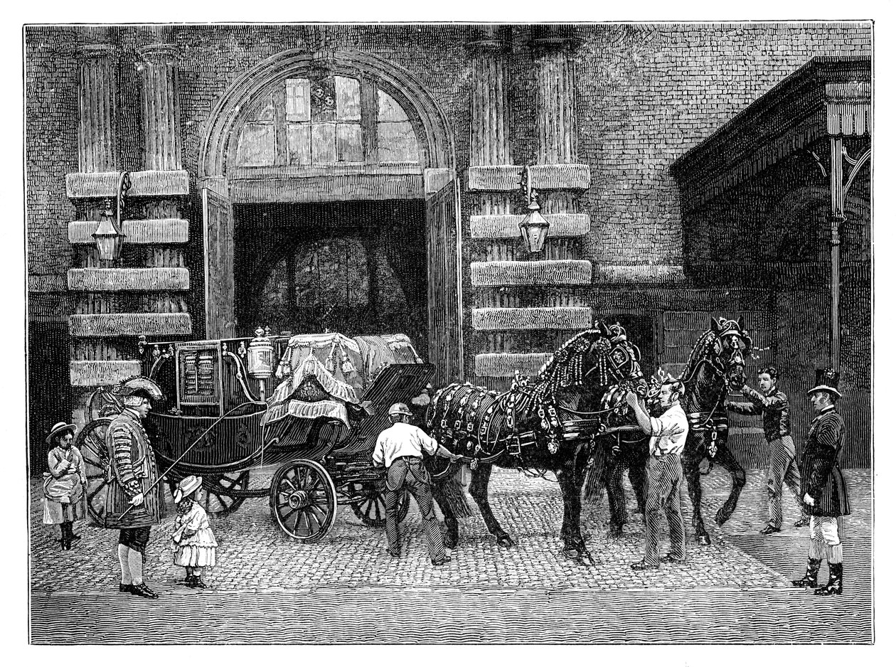 Aproveitando os cavalos pretos no Royal Mews, Palácio de Buckingham, Londres, c1888 de Unbekannt