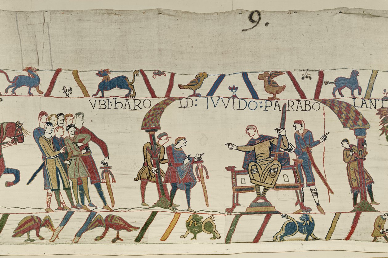 Harold e o Conde Guy de Ponthieu conversando juntos em Beaurain, Bayeux Tapestry (bordado de lã em linho) de Unbekannt