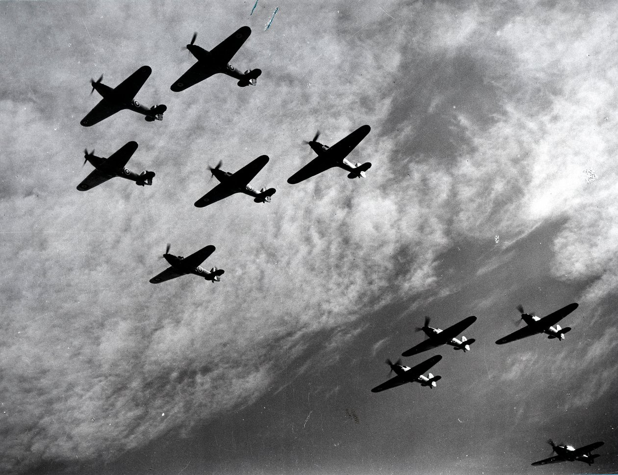 Hawker Hurricanes voando em formação, Batalha da Grã-Bretanha, Segunda Guerra Mundial, 1940 de Unbekannt