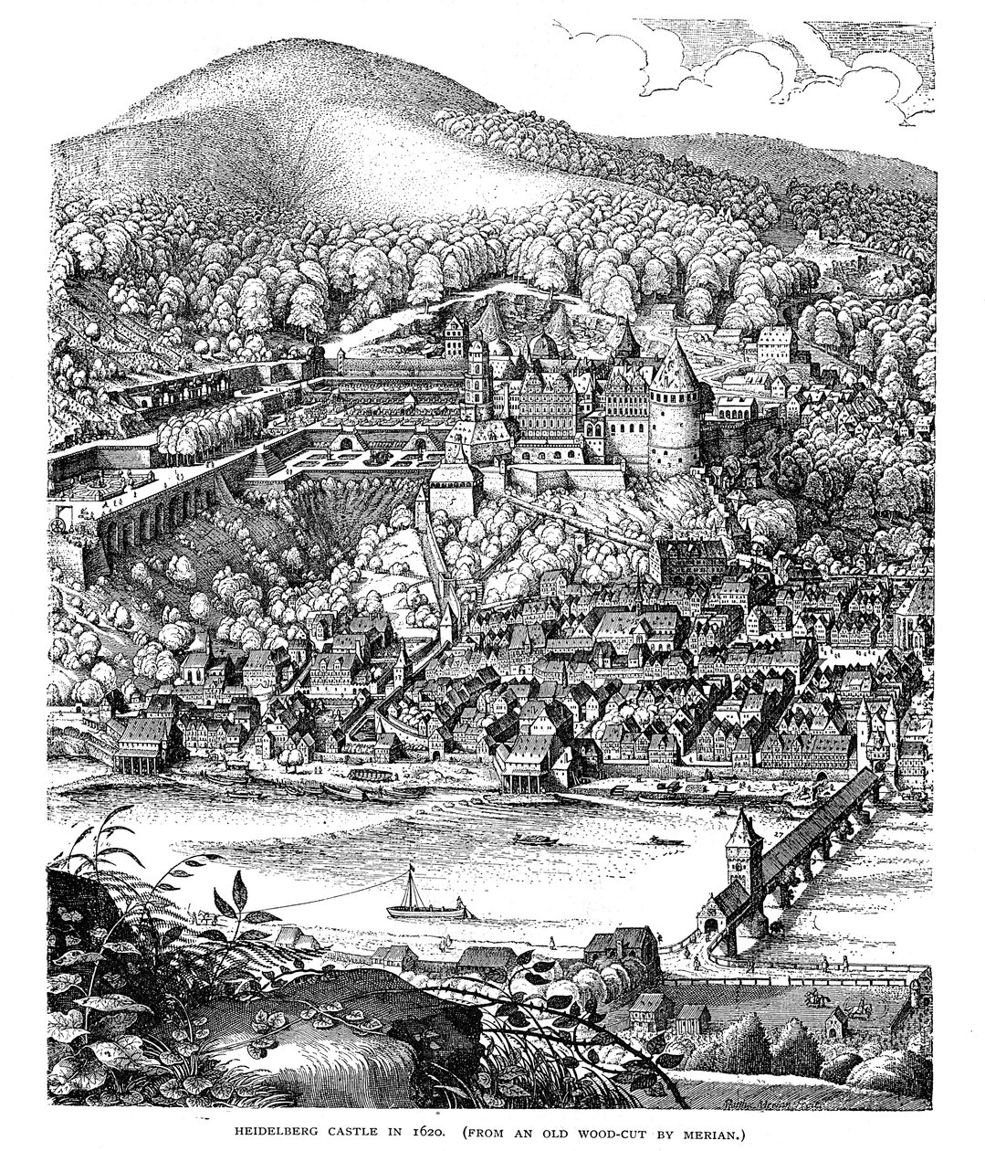Castelo de Heidelberg e cidade vista através do rio Neckar, Alemanha, em 1620 de Unbekannt