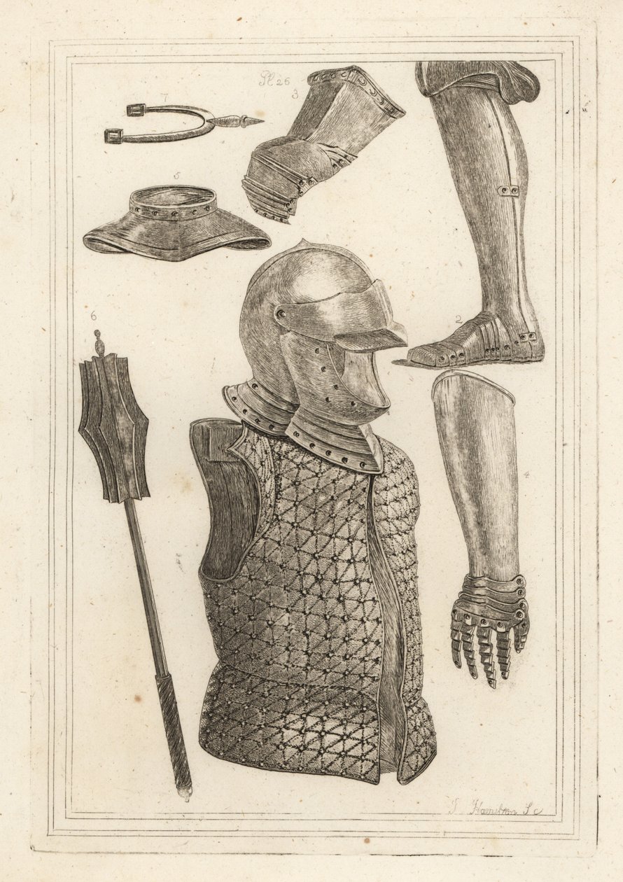 Capacete e brigandine 1, armadura de ferro greave ou perna 2, manopla de John of Gaunt 3, manopla de ferro 4, gorget 5, maça de ferro 6, esporão de ferro antigo pryck 7 de Unbekannt