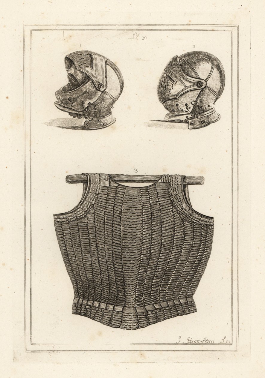 Capacete encontrado no Campo Bosworth, e cuirass flexível de laminas de metal em couro que se diz ter pertencido ao Rei Henrique VIII de Unbekannt