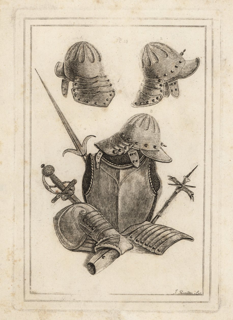 Capacete de uma armadura do tempo do Rei Carlos I, couraça, couraça, tassets e pouldron 3, pertuisan 4 antigo, espada com punho de prata 5 e martelo de armas da Torre de Londres 6 de Unbekannt