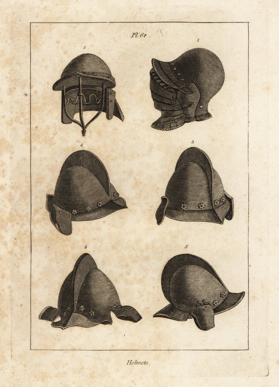 Capacete com bebida para baixo na Torre de Londres 1, capacete com barra dupla 2 e sal com orelhas ou auriculares 3-6 de Unbekannt
