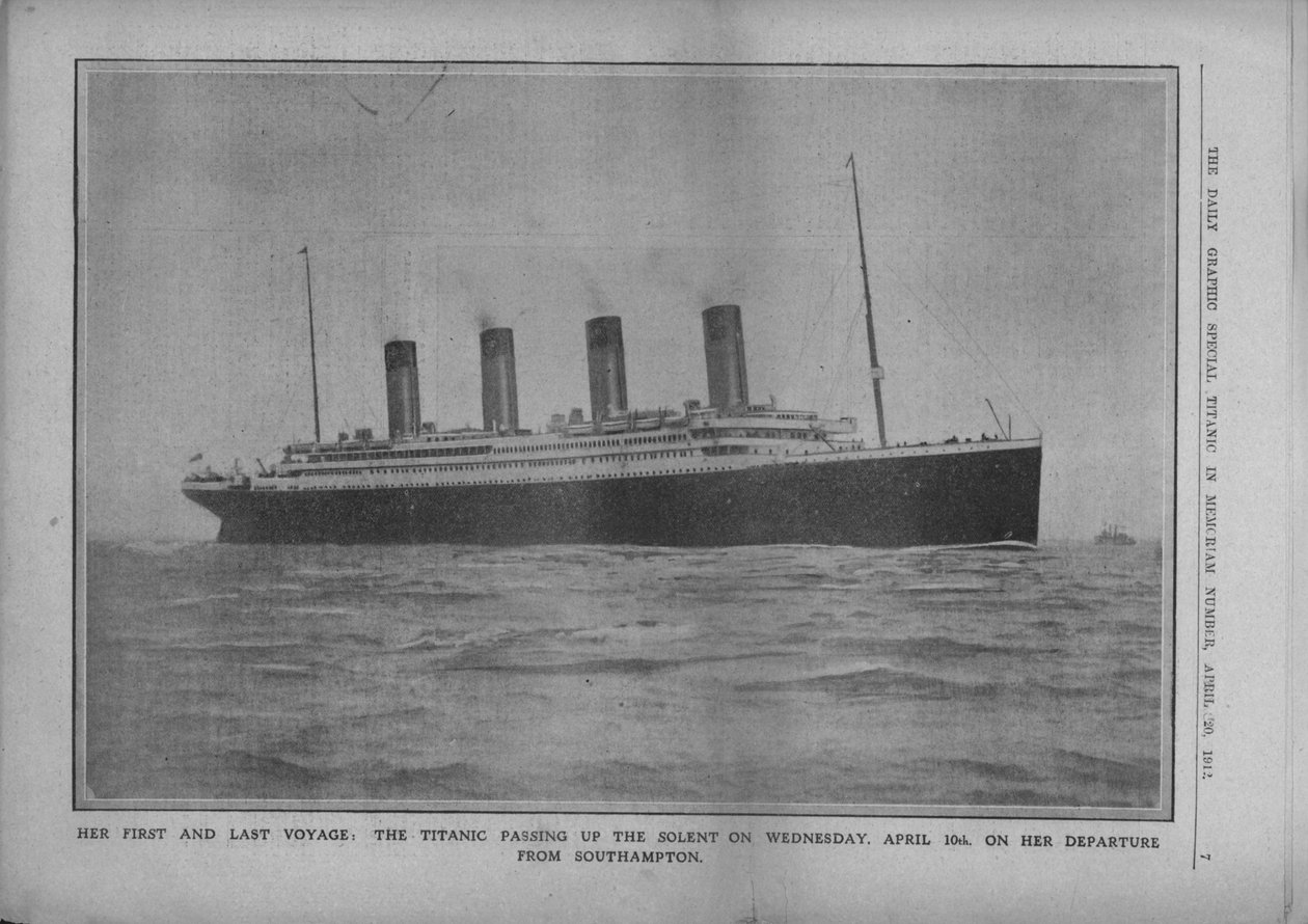 Sua primeira e última viagem: o Titanic passando o Solent na quarta-feira, 10 de abril ..., 1912. de Unbekannt
