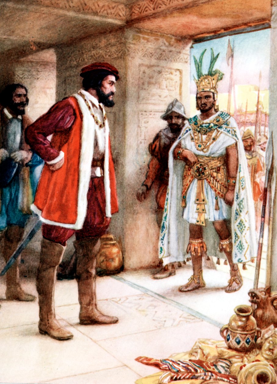 Hernan Cortes encontrando o imperador asteca Montezuma, 1519 de Unbekannt