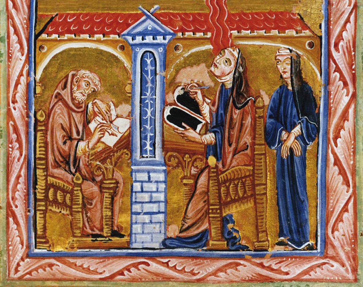 Hildegard recebe uma visão na presença de seu secretário Volmar e seu confidente Richardis, ca de Unbekannt
