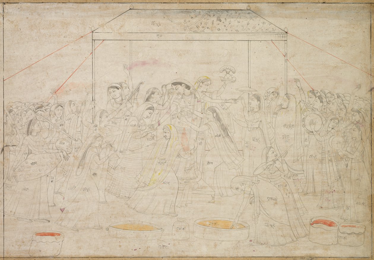 Deus Hindu Krishna sendo vestido com roupas femininas para o Festival da Primavera Holi, c. 1790 de Unbekannt