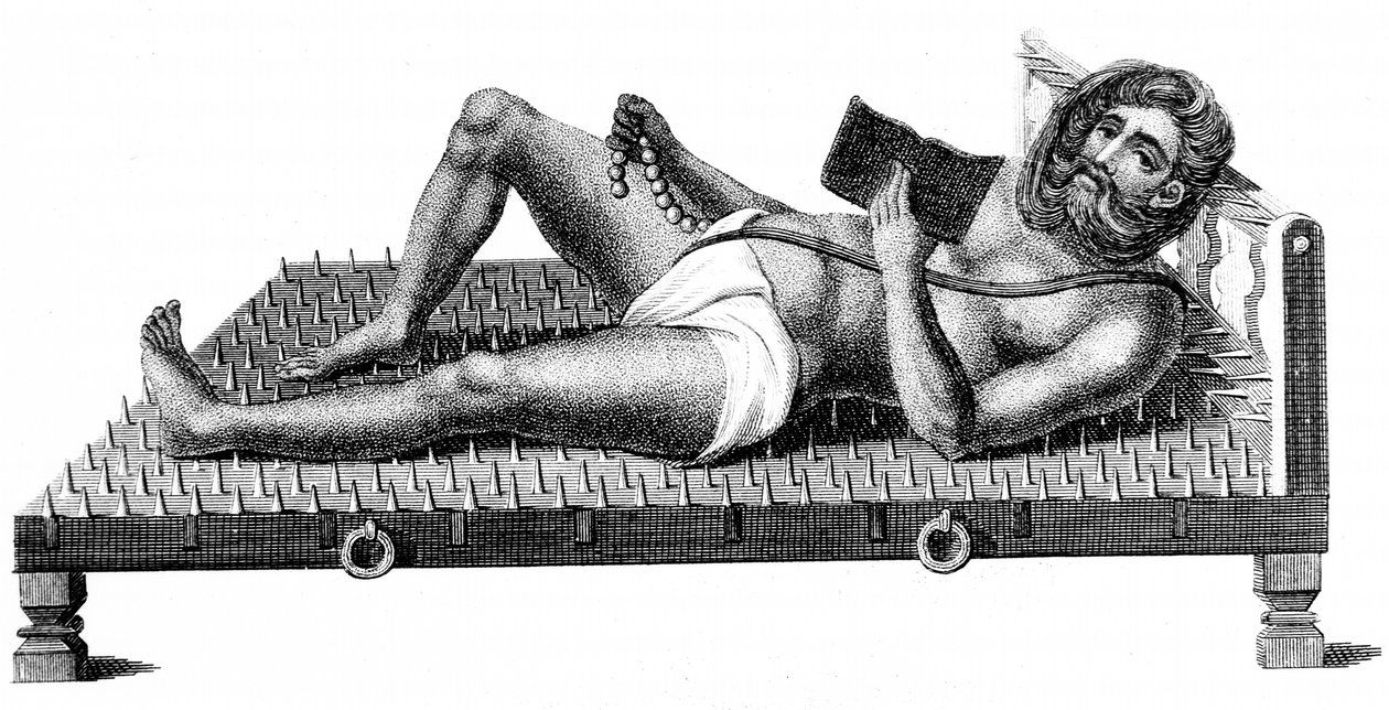 Filósofo hindu Pararum Soatuntre Perkasanund reclinado em uma cama de espigões de ferro, 1811 de Unbekannt