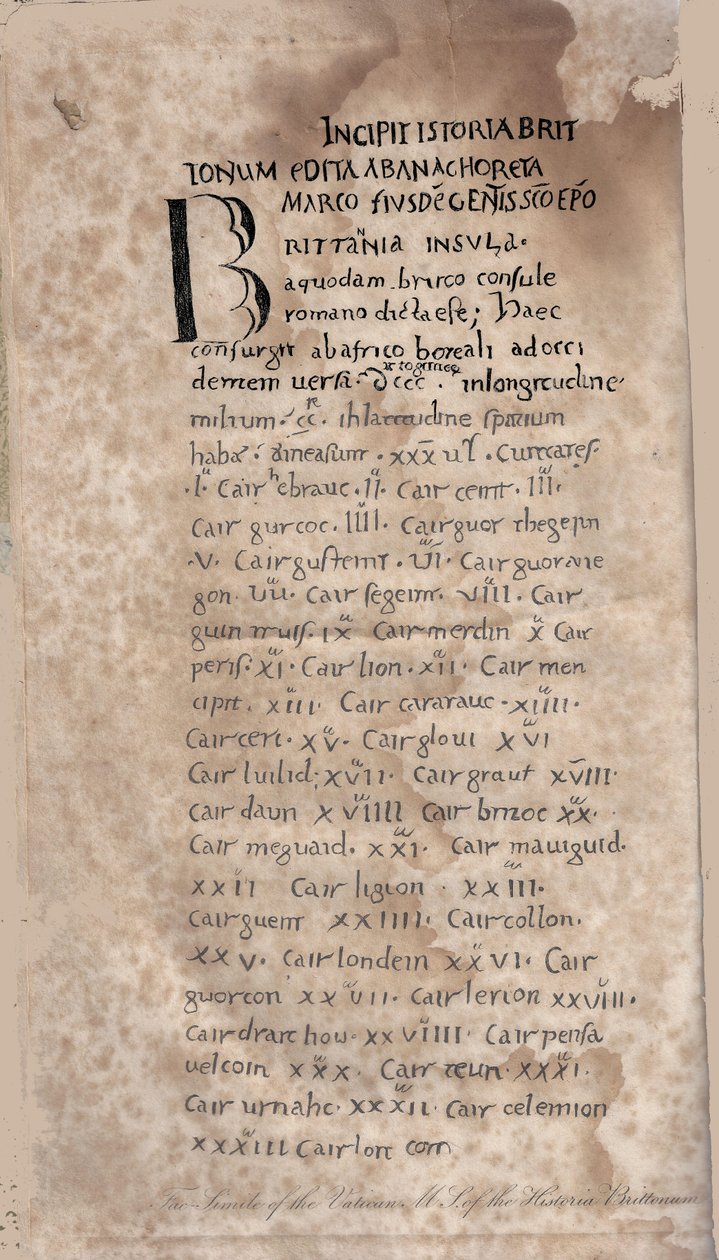 História da Grã-Bretanha por Nennins. Primeira página do manuscrito, do século 11 de Unbekannt