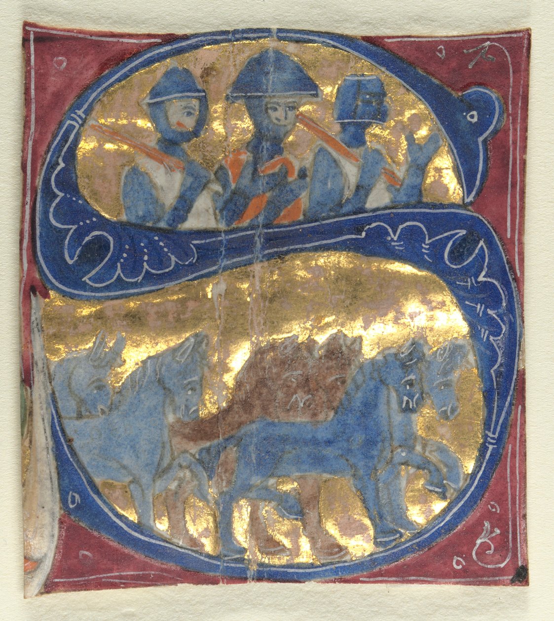 Historiated Initial S Excised from a Bible: Soldiers and Horses, 1200s. de Unbekannt