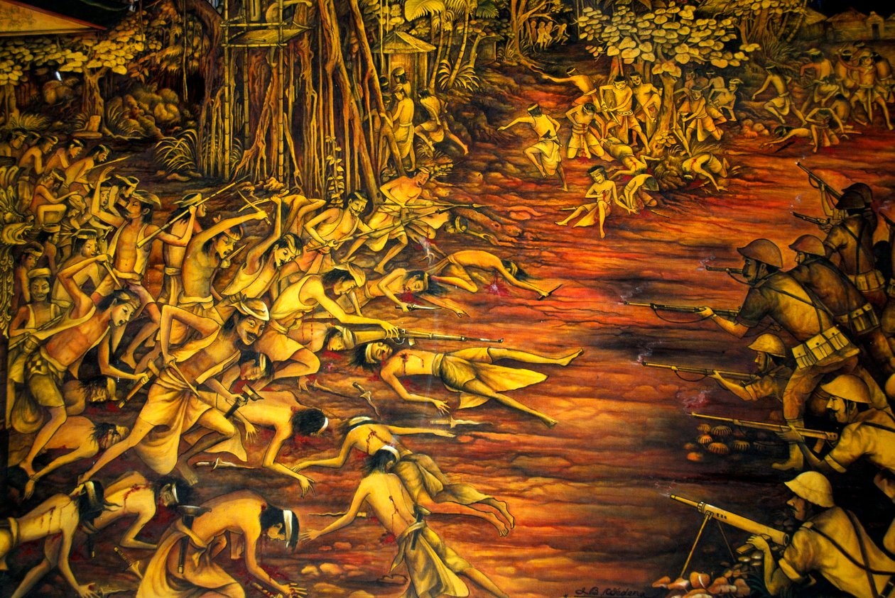 História; domínio colonial; pintura; batalha; luta dos holandeses contra os balineses em 1908; museu no palácio Taman Gili; Klungkung; Semarapura; Bali; Indonésia; Sudeste Asiático; Ásia de Unbekannt