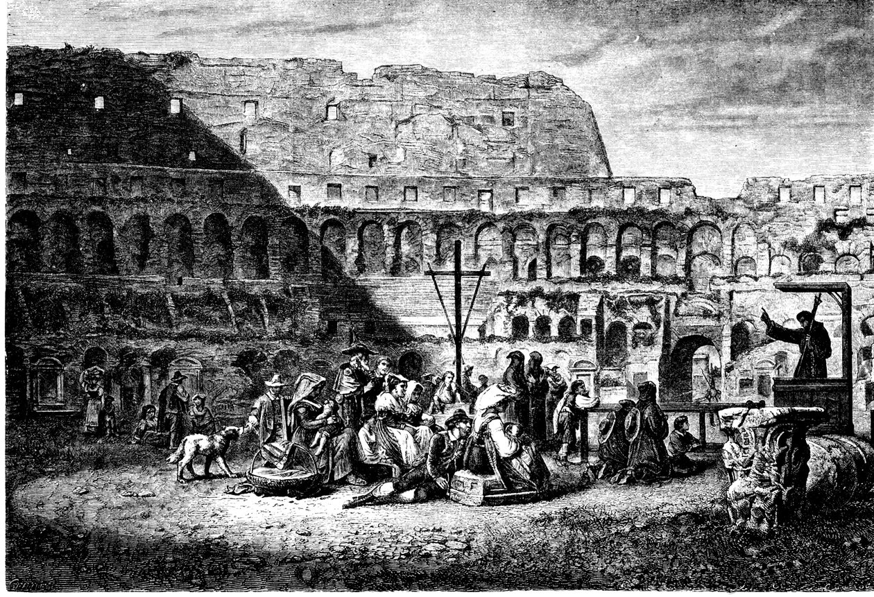 História da Roma Antiga. O sermão quaresmal do interior do Coliseu. Imprimir 1800 de Unbekannt