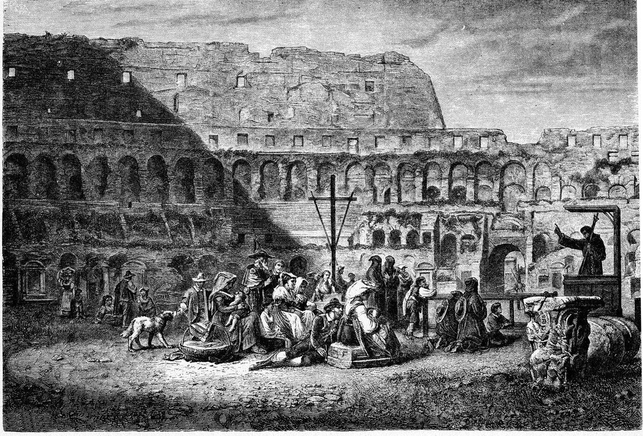 História da Roma Antiga. O sermão quaresmal do interior do Coliseu. Imprimir 1800 de Unbekannt