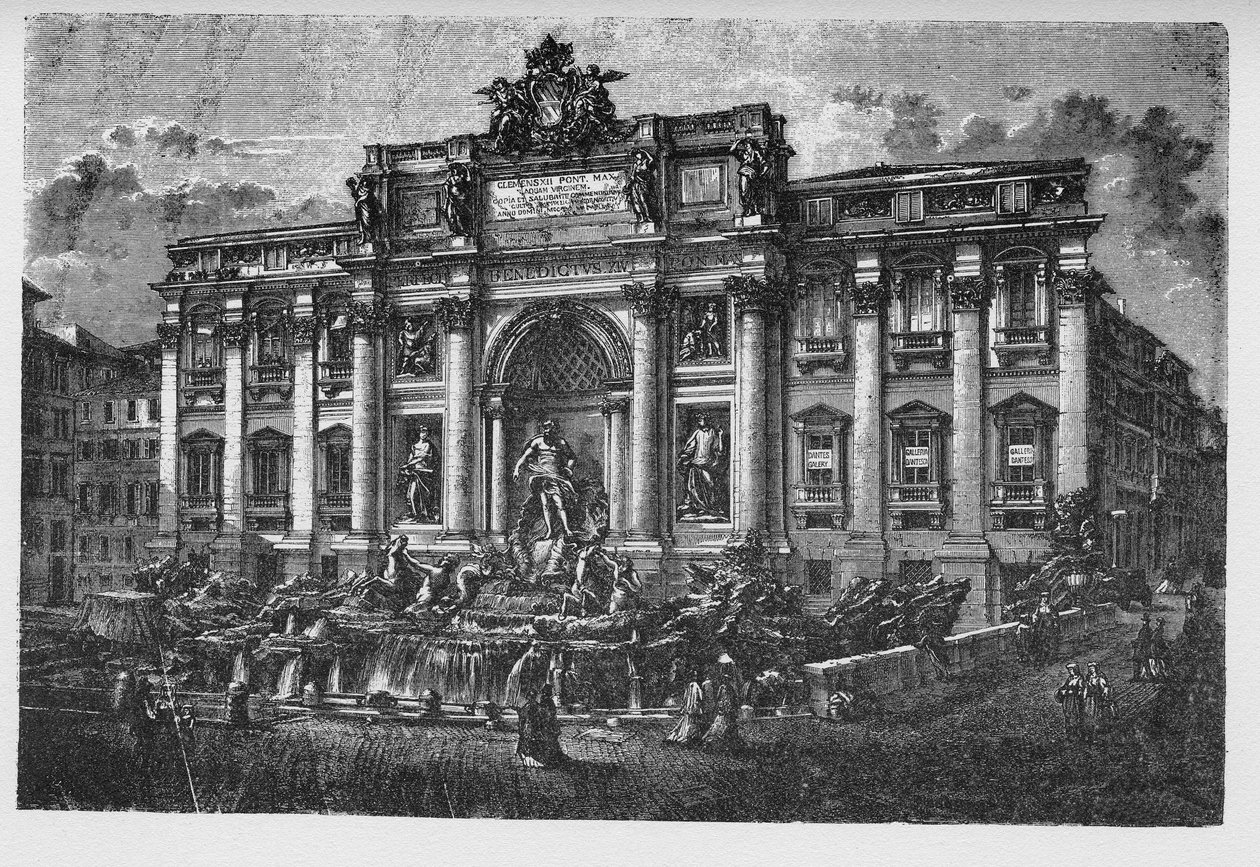 História da Roma Antiga. A Fonte de Trevi é uma fonte no bairro de Trevi, em Roma, Itália, projetada pelo arquiteto italiano Nicola Salvi e concluída por Pietro Bracci. de Unbekannt