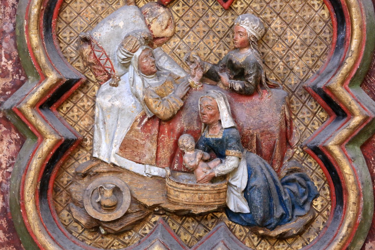 História de São João Baptista : "Natividade de São João Baptista". Bas-relevo do coro do extremo norte do Norte (1531). Pedra policromada. 1531. Catedral de Amiens, Amiens, França. de Unbekannt