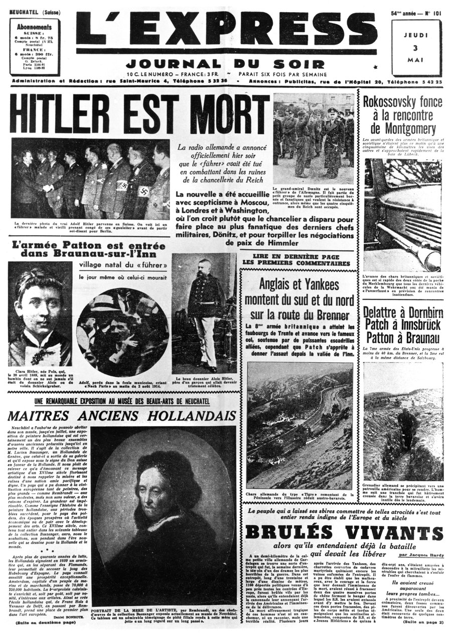 Hitler is Dead, primeira página do jornal LExpress, 3 de maio de 1945 de Unbekannt