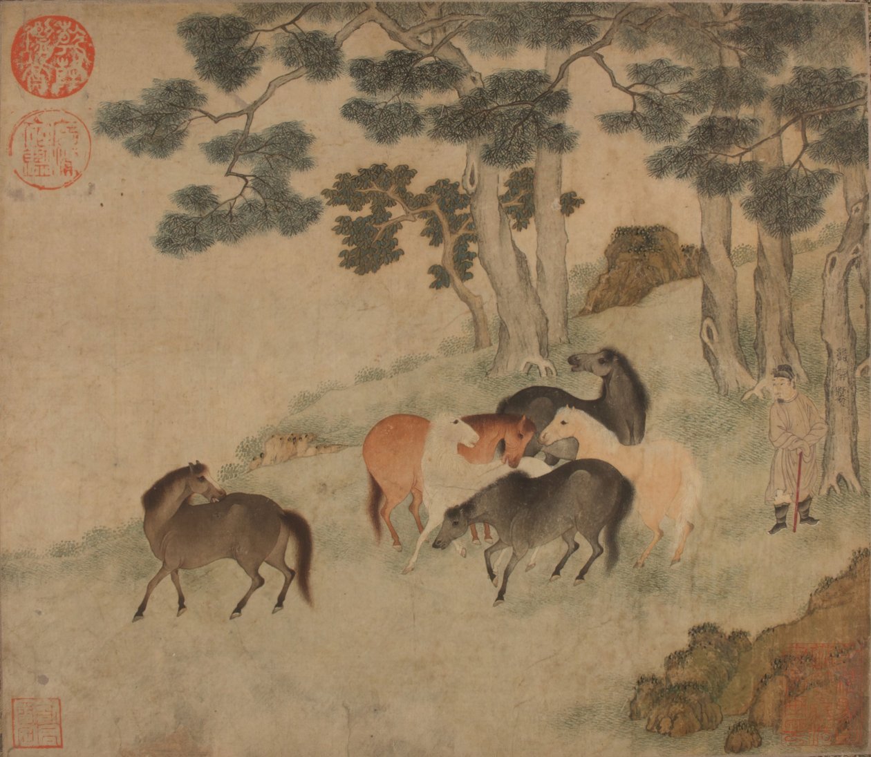 Cavalos na paisagem com atendente. de Unbekannt