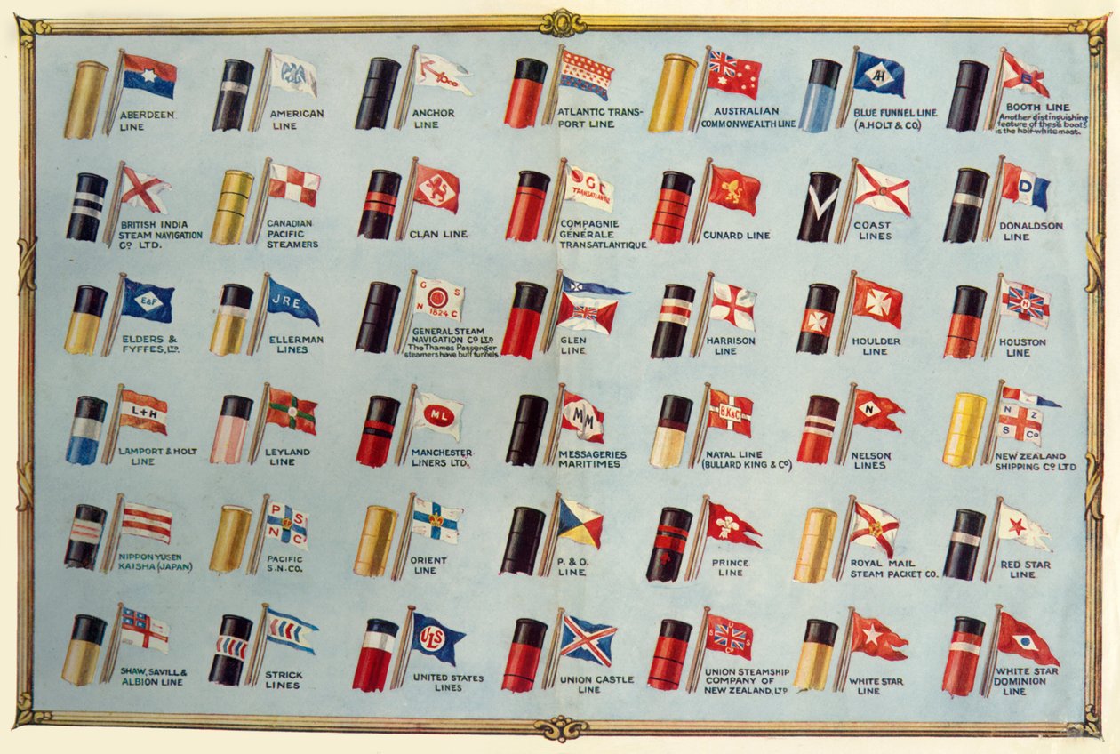 Bandeiras da casa e funis de linhas de navios a vapor de passageiros, c1930. de Unbekannt