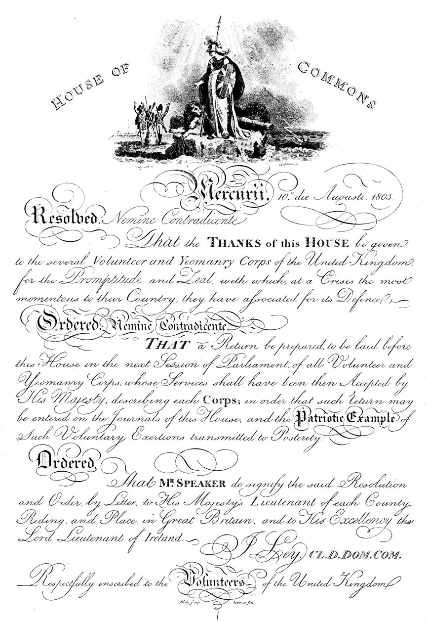 Resolução da Câmara dos Comuns transmitindo agradecimentos ao Corpo Voluntário de Yeomanry, c1905 de Unbekannt