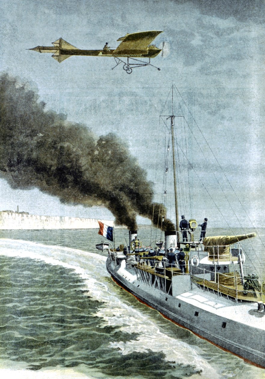 Hubert Latham tentando voar seu monoplano Antoinette através do Canal da Mancha, 1909 de Unbekannt