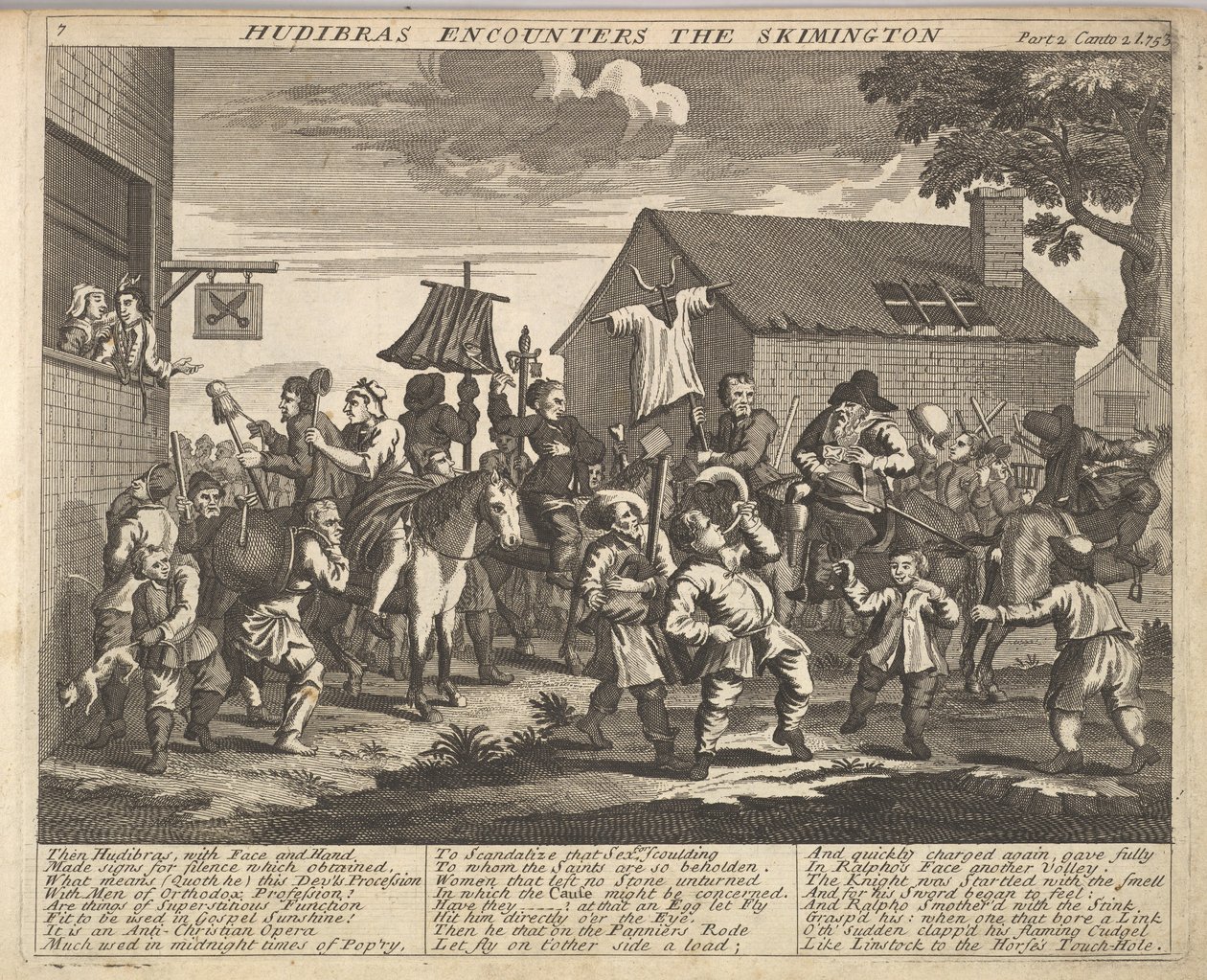 Hudibras encontra a placa 7 de Skimmington: Ilustrações para Samuel Butlers Hudi ..., 1725-30. de Unbekannt