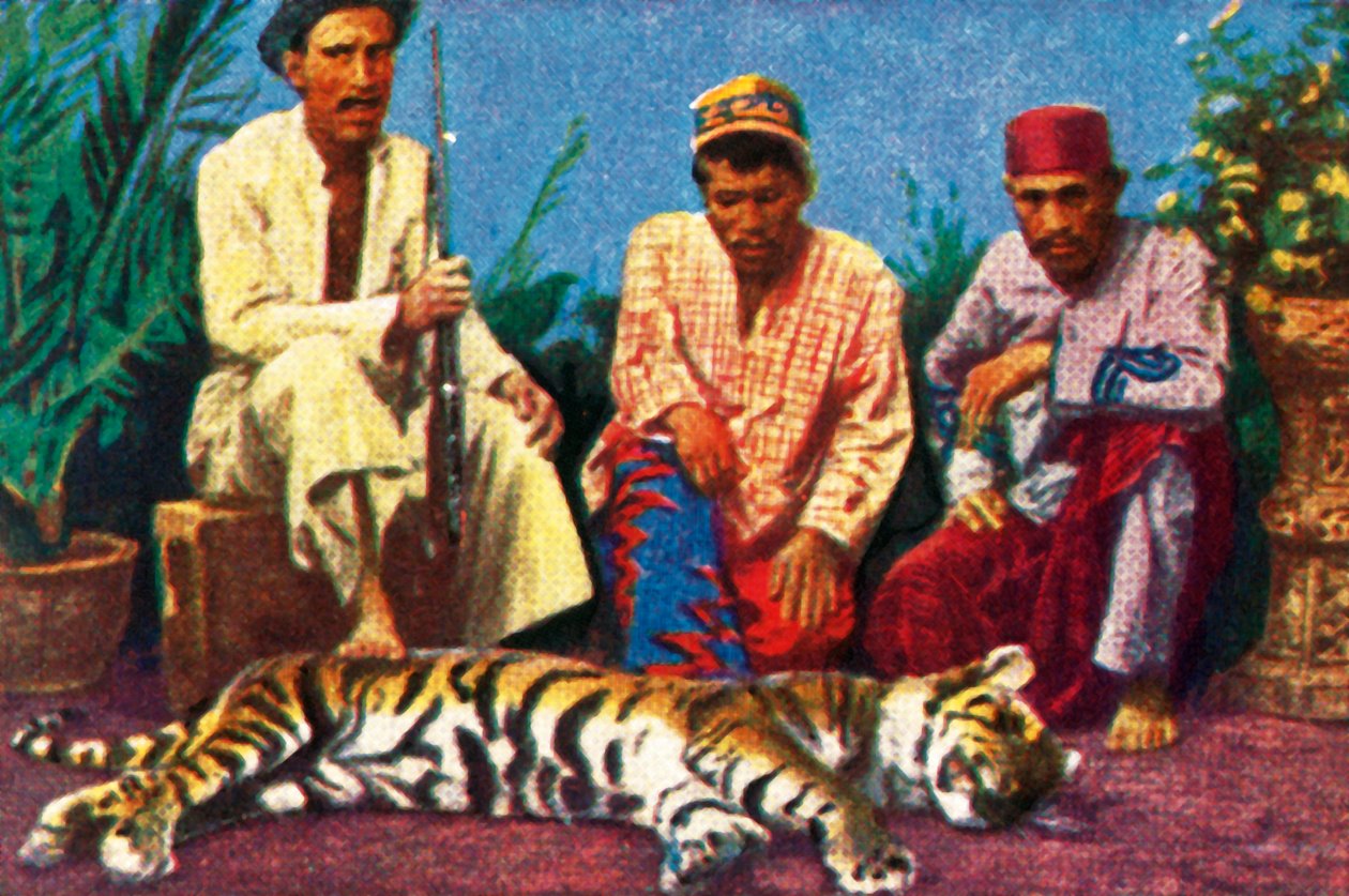 Caçadores com tigre morto em Sumatra, c1928. de Unbekannt