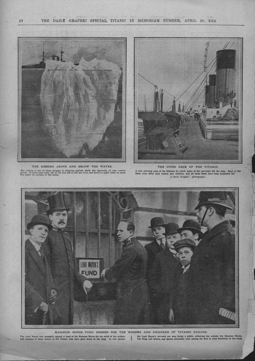 Iceberg, convés superior do Titanic e fundo da Mansion House, 20 de abril de 1912. de Unbekannt