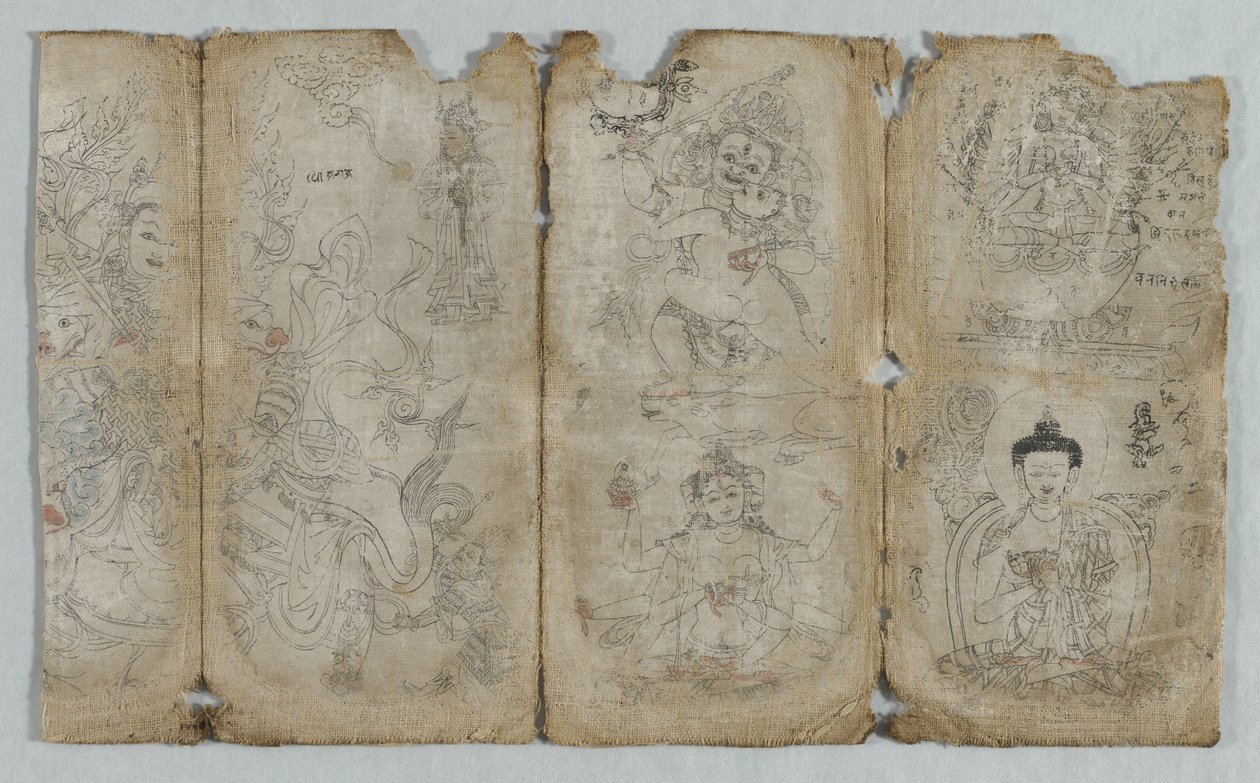 Desenho iconográfico: Vaishravana, Yama, Vsnisavijaya, Tara e Buda reto, c. 1500. de Unbekannt