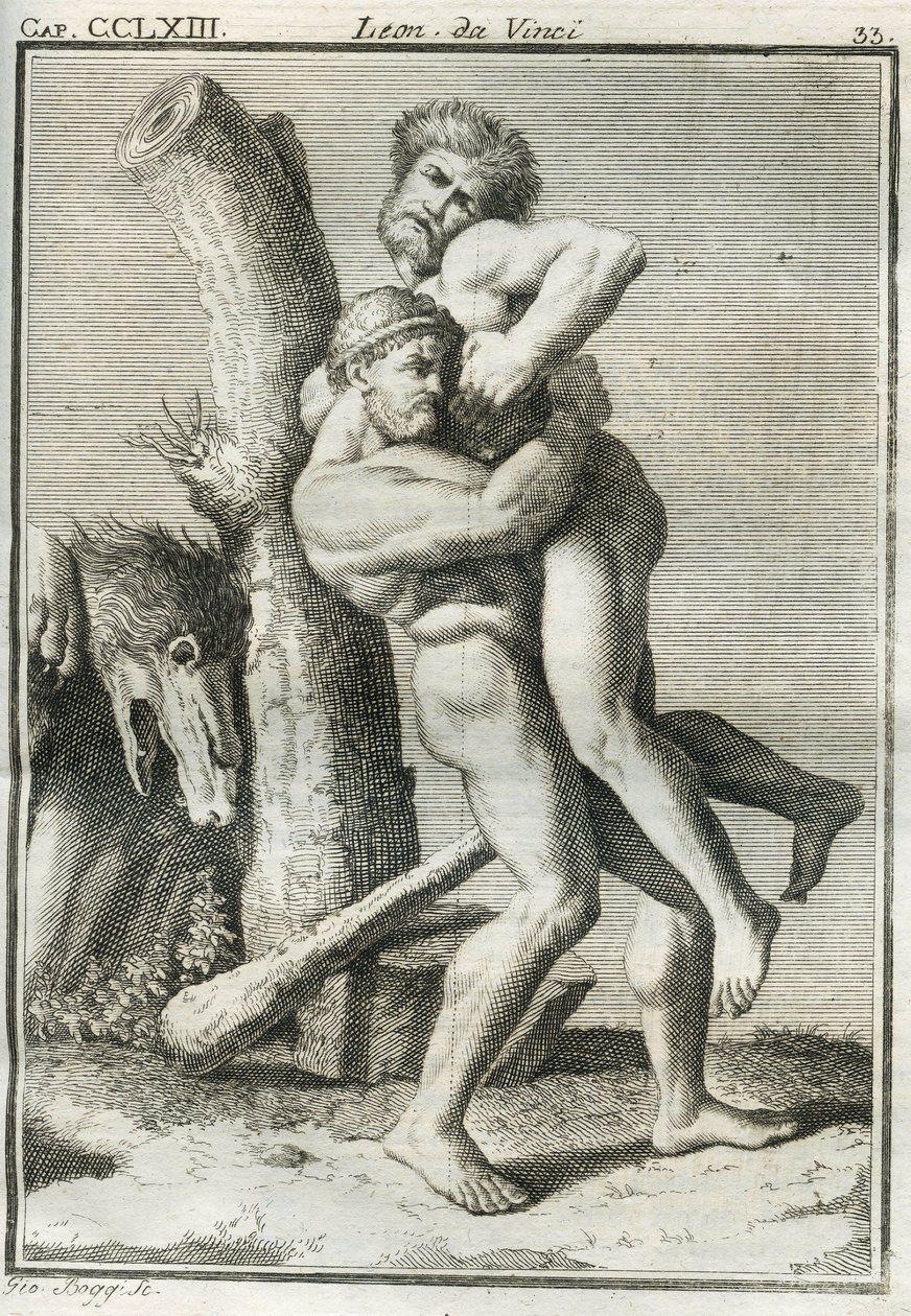 O pintor florentino usa a imagem de Hércules (Heracles) segurando num abraço mortal Antaeus, que, levantado do chão, já não é invencível, para estudar a figura humana enquanto suporta um peso. Gravura de "Treat of Painting" de Leonardo de Unbekannt