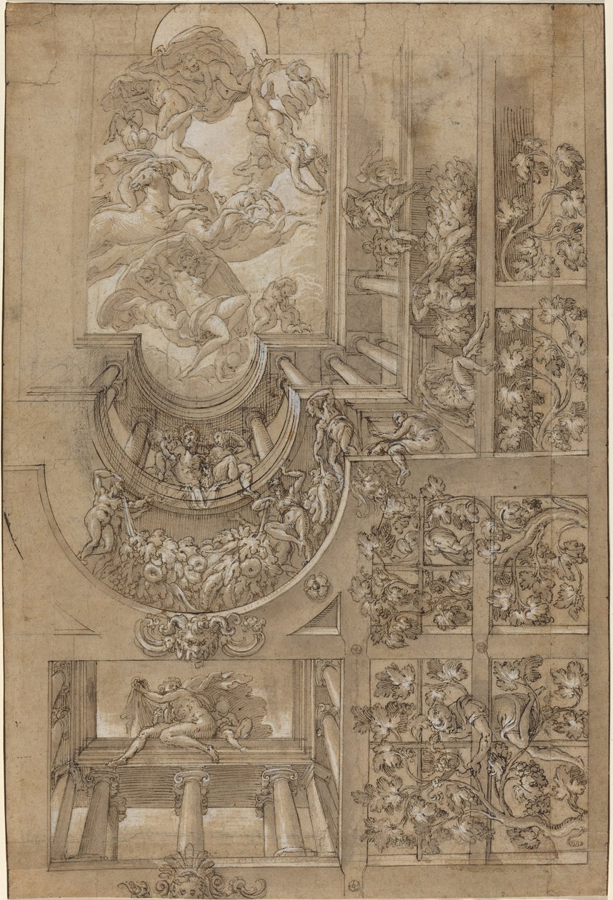 Teto Ilusionista com Árvore de Uvas, Figuras Posicionadas em Galerias e uma Central..., c. 1570158 de Unbekannt