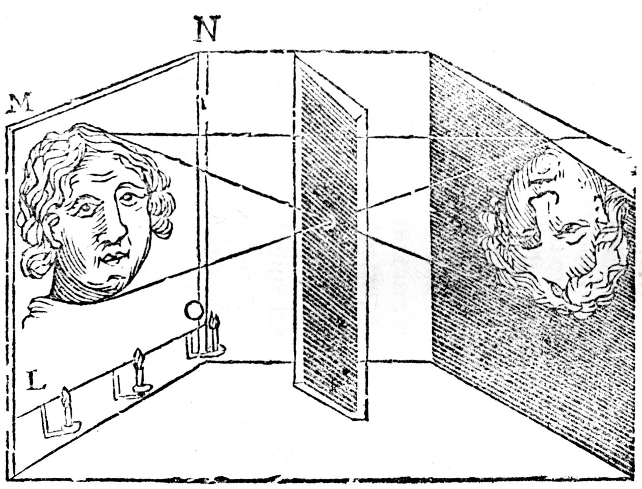 Ilustração do princípio da câmera obscura, 1671 de Unbekannt