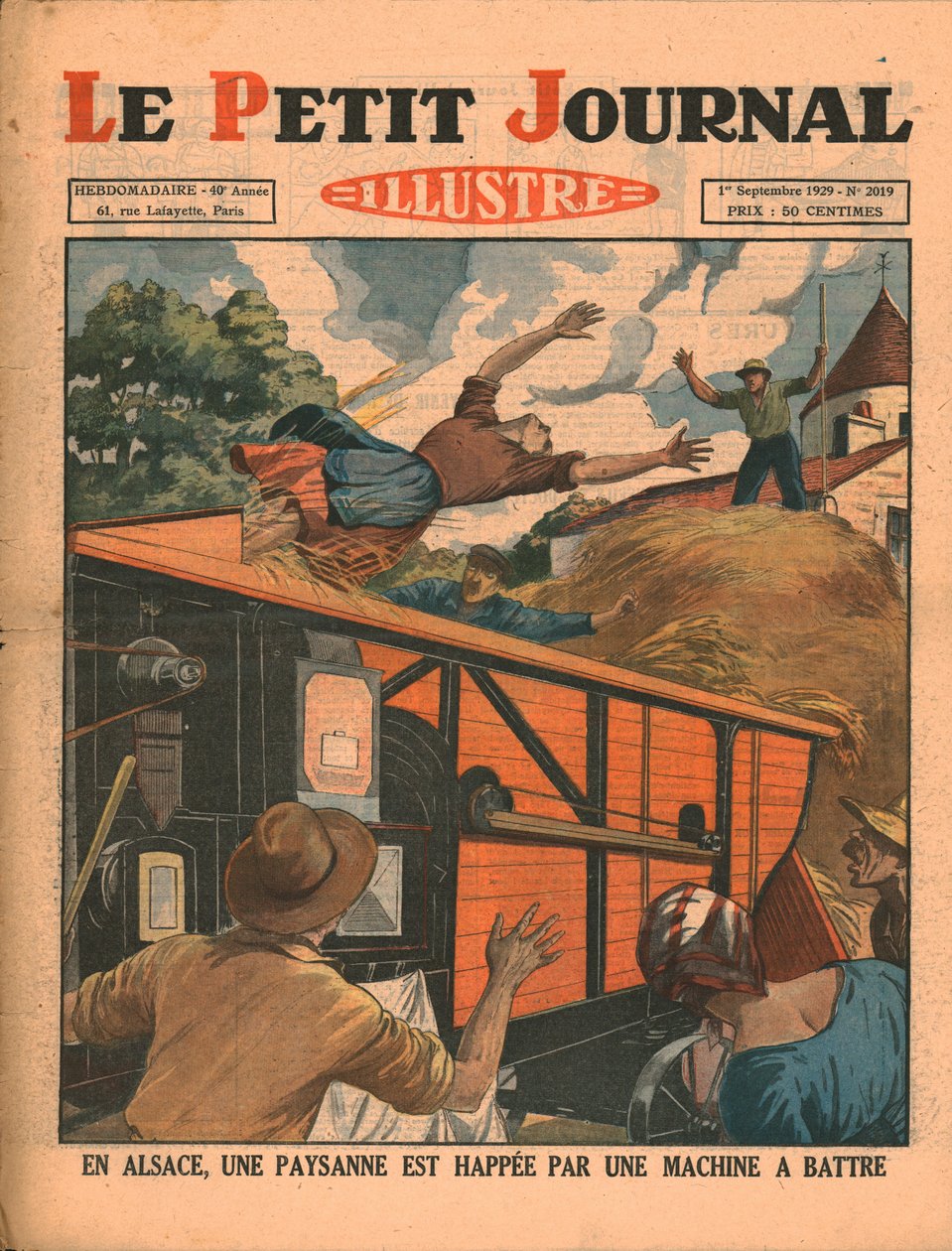 Na Alsácia, uma camponesa é pega em uma máquina de debulhar, em 1929. de Unbekannt