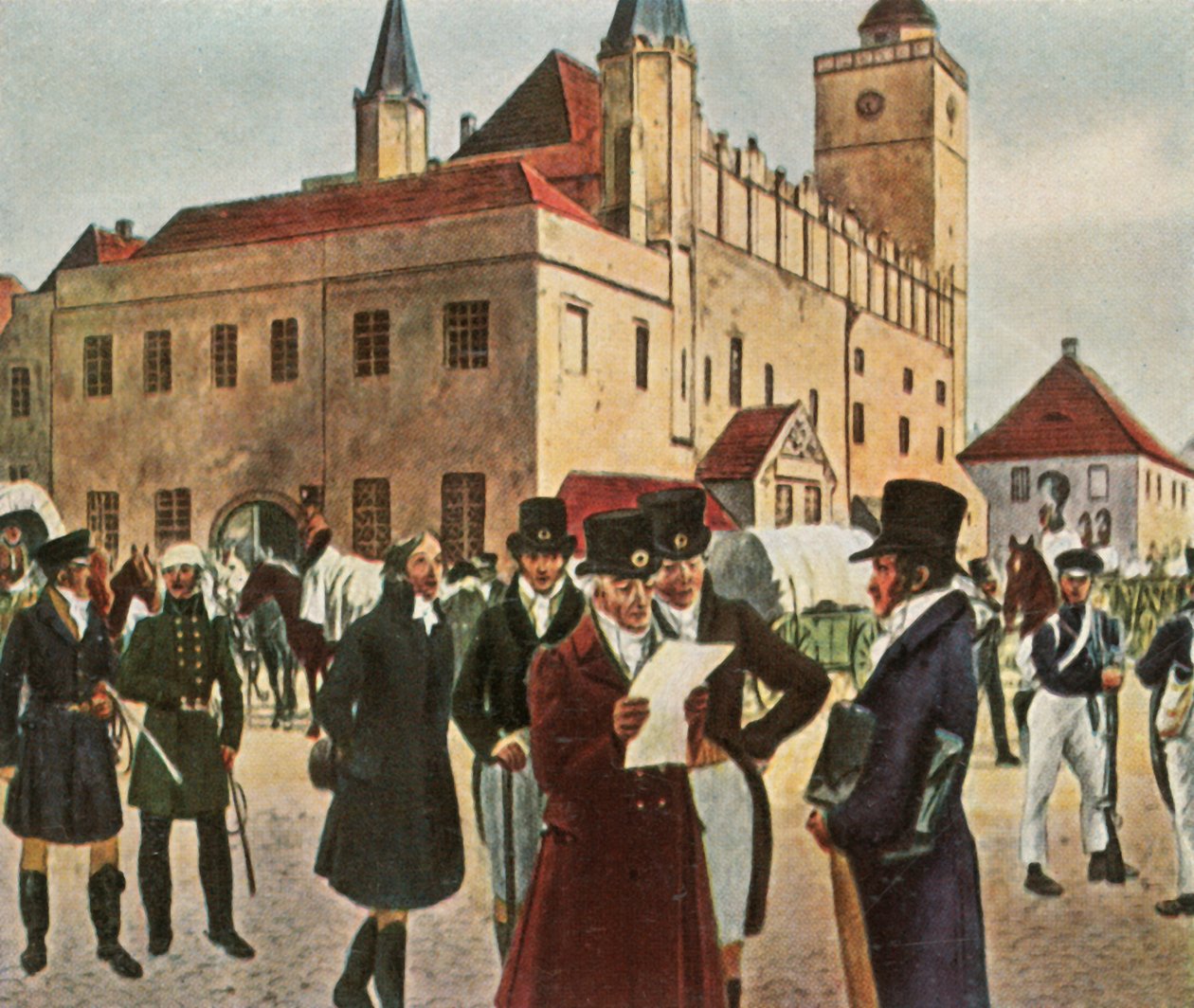 Em frente à prefeitura de Reichenbach, na Silésia, durante o cessar-fogo, 1813, 1936. de Unbekannt