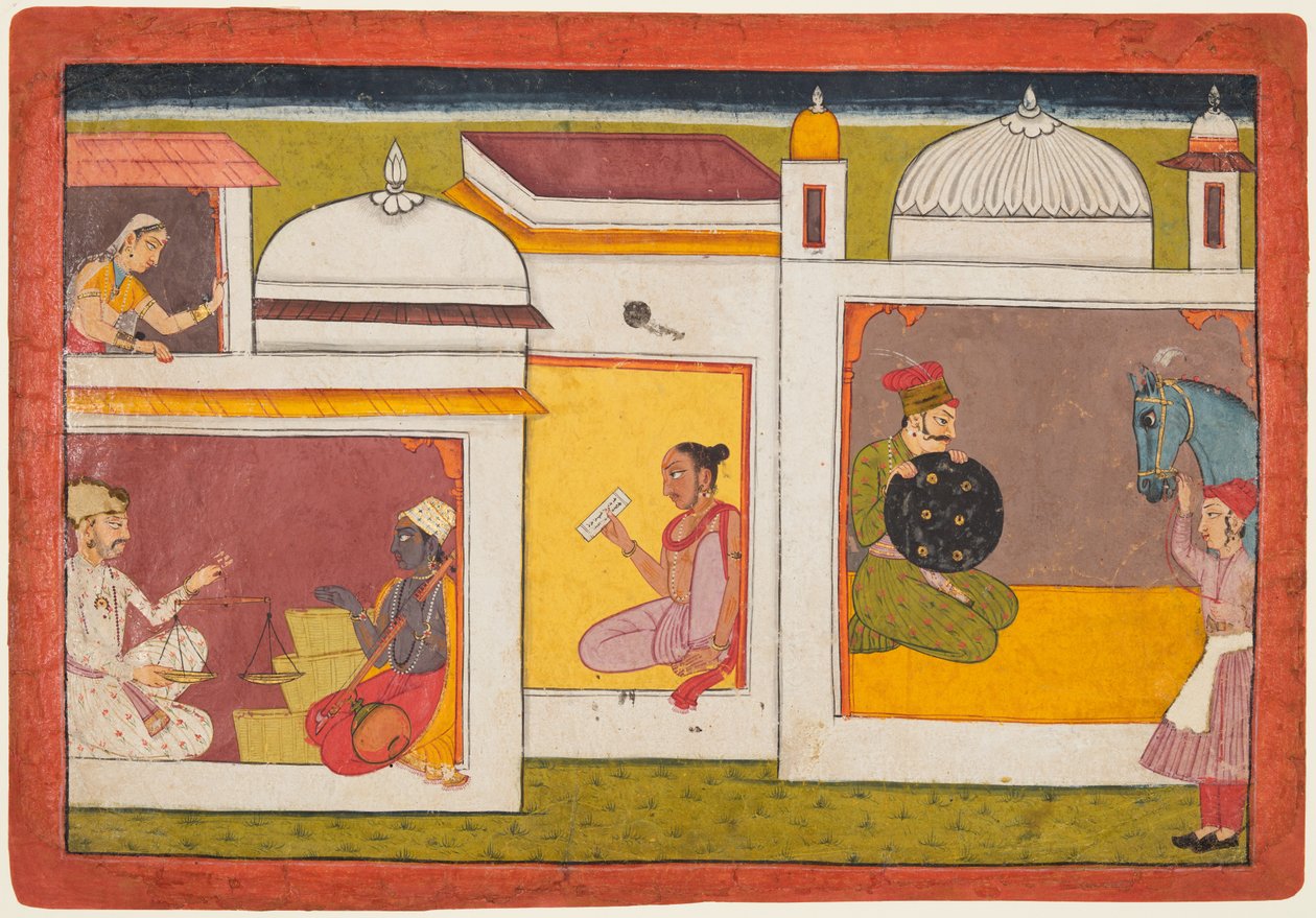 Dentro de um edifício, Madhava está de frente para um homem segurando uma balança, de um Madhavanala ..., c. 1700 de Unbekannt