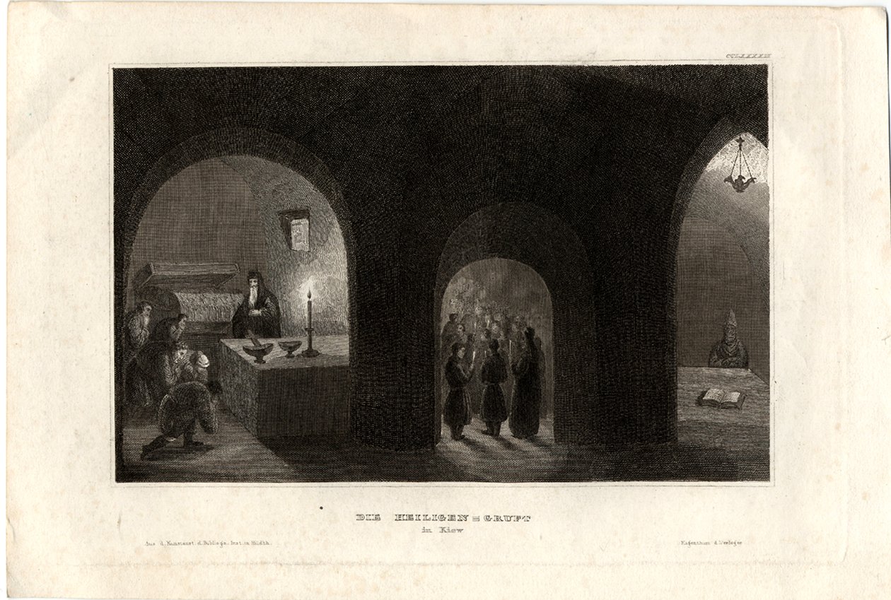 Vista interior do túmulo sagrado no mosteiro das cavernas de Kiev, 1850 de Unbekannt
