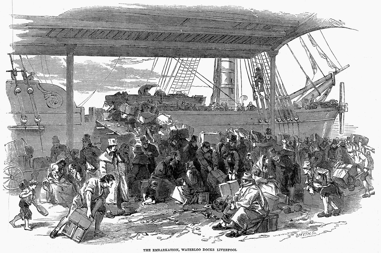 Emigrantes irlandeses embarcando para a América em Waterloo Docks, Liverpool, 1850 de Unbekannt
