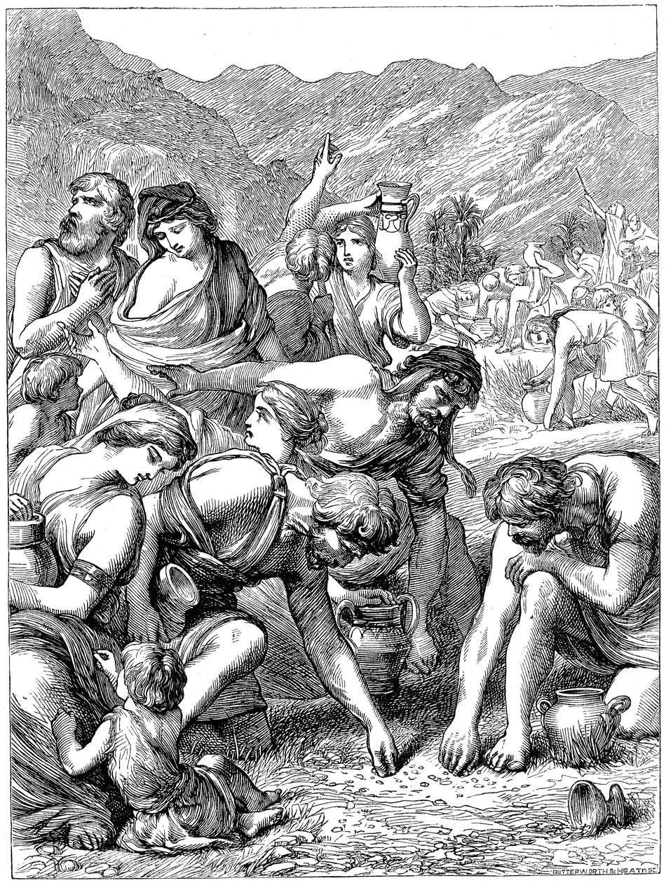 Israelitas no deserto coletando o maná que caiu do céu, 1869 de Unbekannt