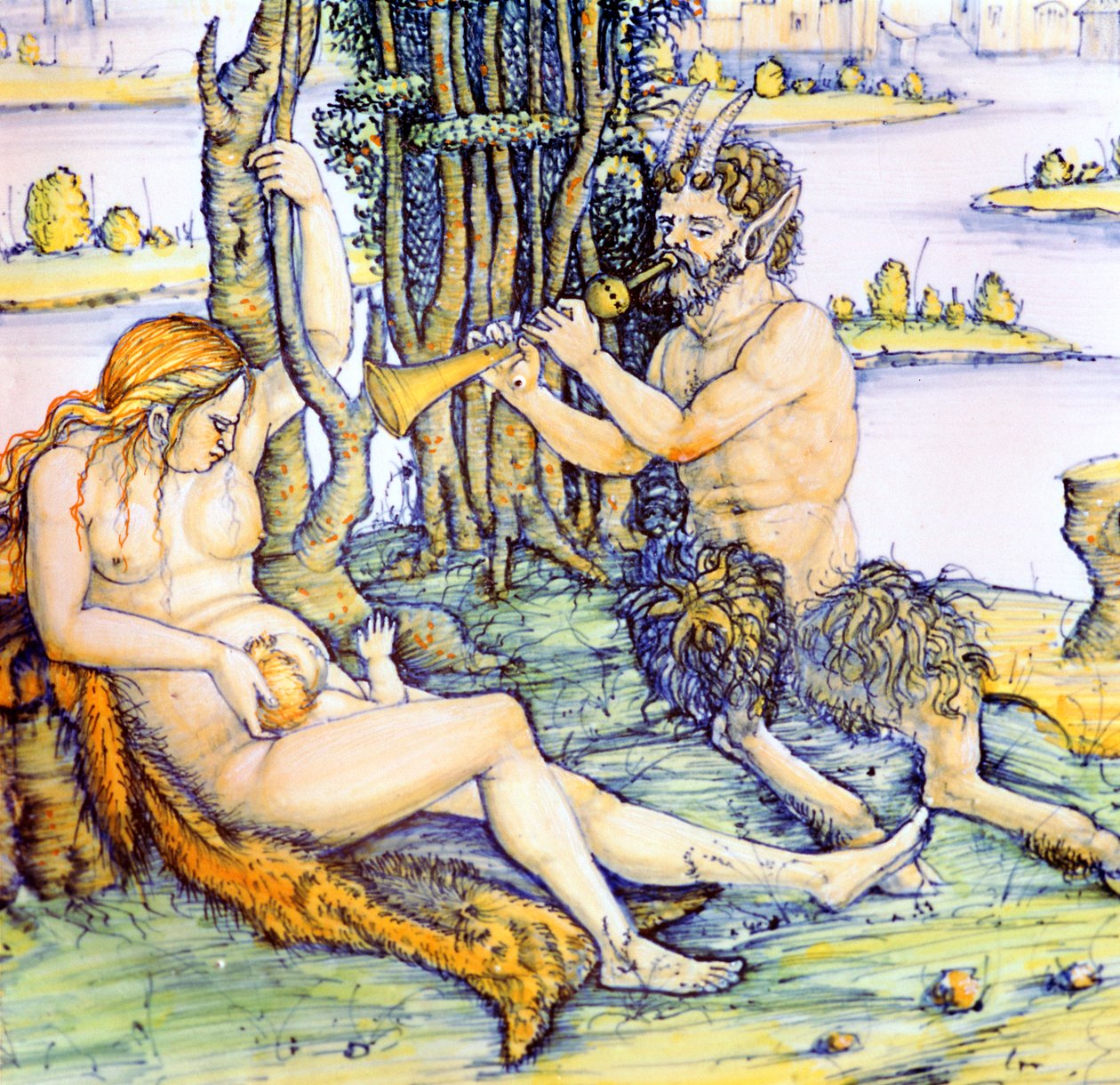 Prato de barro italiano mostrando a família sátiro depois de Durer de Unbekannt