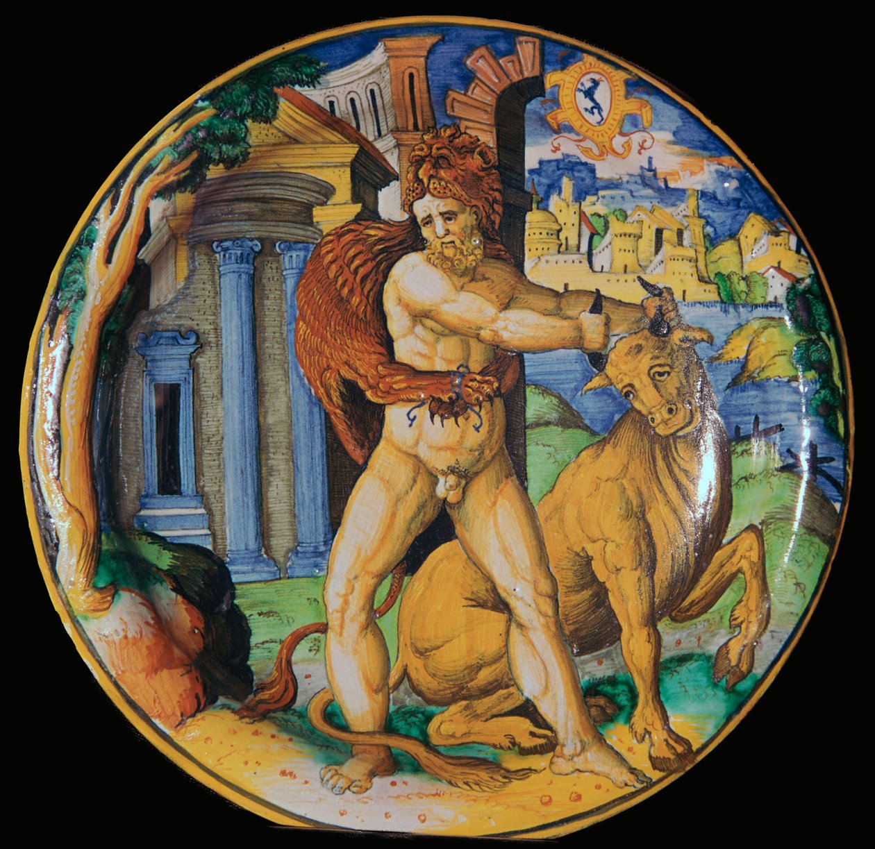 Prato de barro italiano com imagem de Hércules e o touro cretense, séc. de Unbekannt