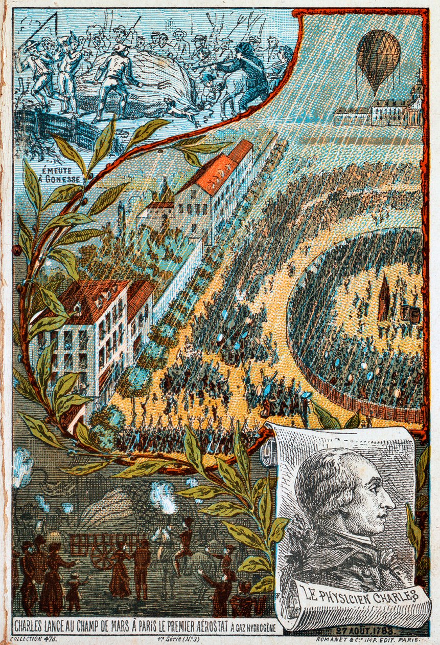 Jacques Charles lança seu primeiro aeróstato no Champ de Mars, Paris, 1783, década de 1890. de Unbekannt