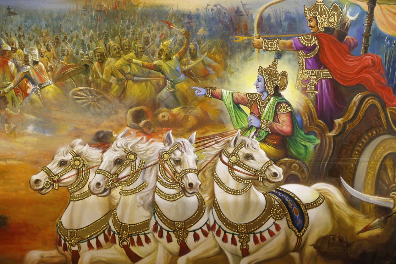 Jalaram Prathna templo hindu, Leicester. Fresco. Krishna, o cocheiro que guia Arjuna no campo de batalha de Kurukshetra. Reino Unido. de Unbekannt