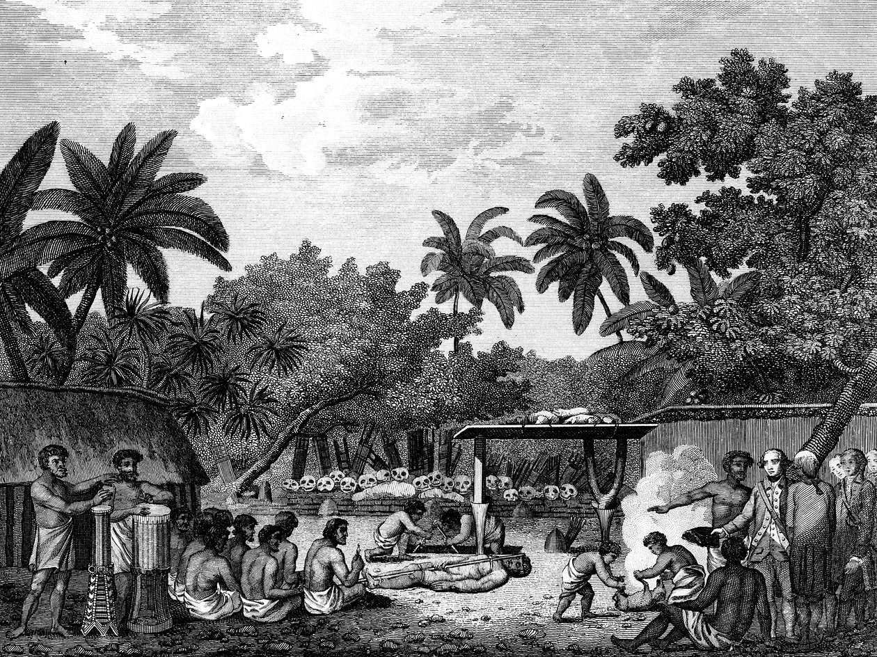 James Cook, navegador inglês, testemunhando o sacrifício humano em Taihiti Otaheite c1773 1815 de Unbekannt