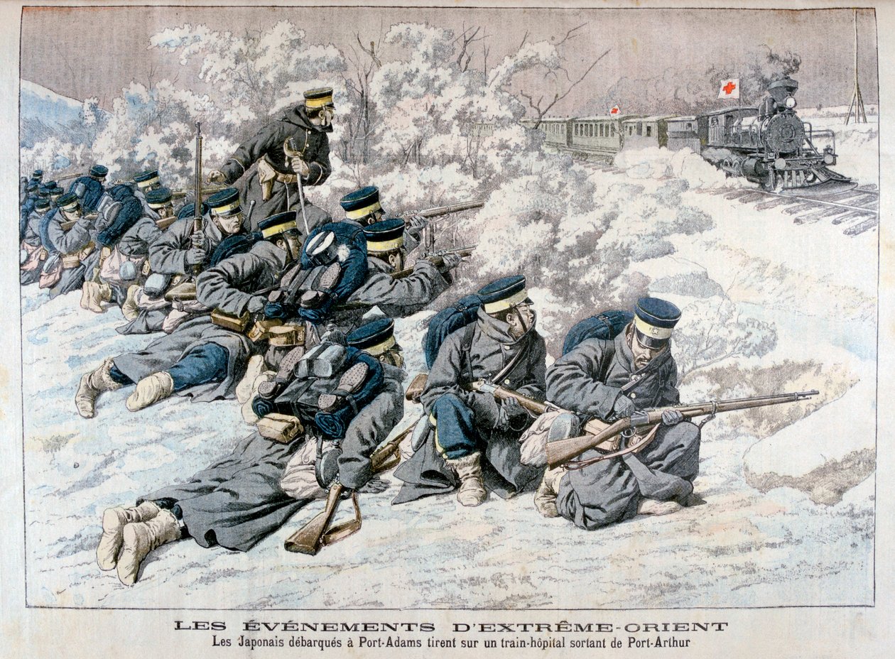 Ataque japonês a um trem hospitalar perto de Port Arthur, Manchúria, Guerra Russo-Japonesa, 1904 de Unbekannt